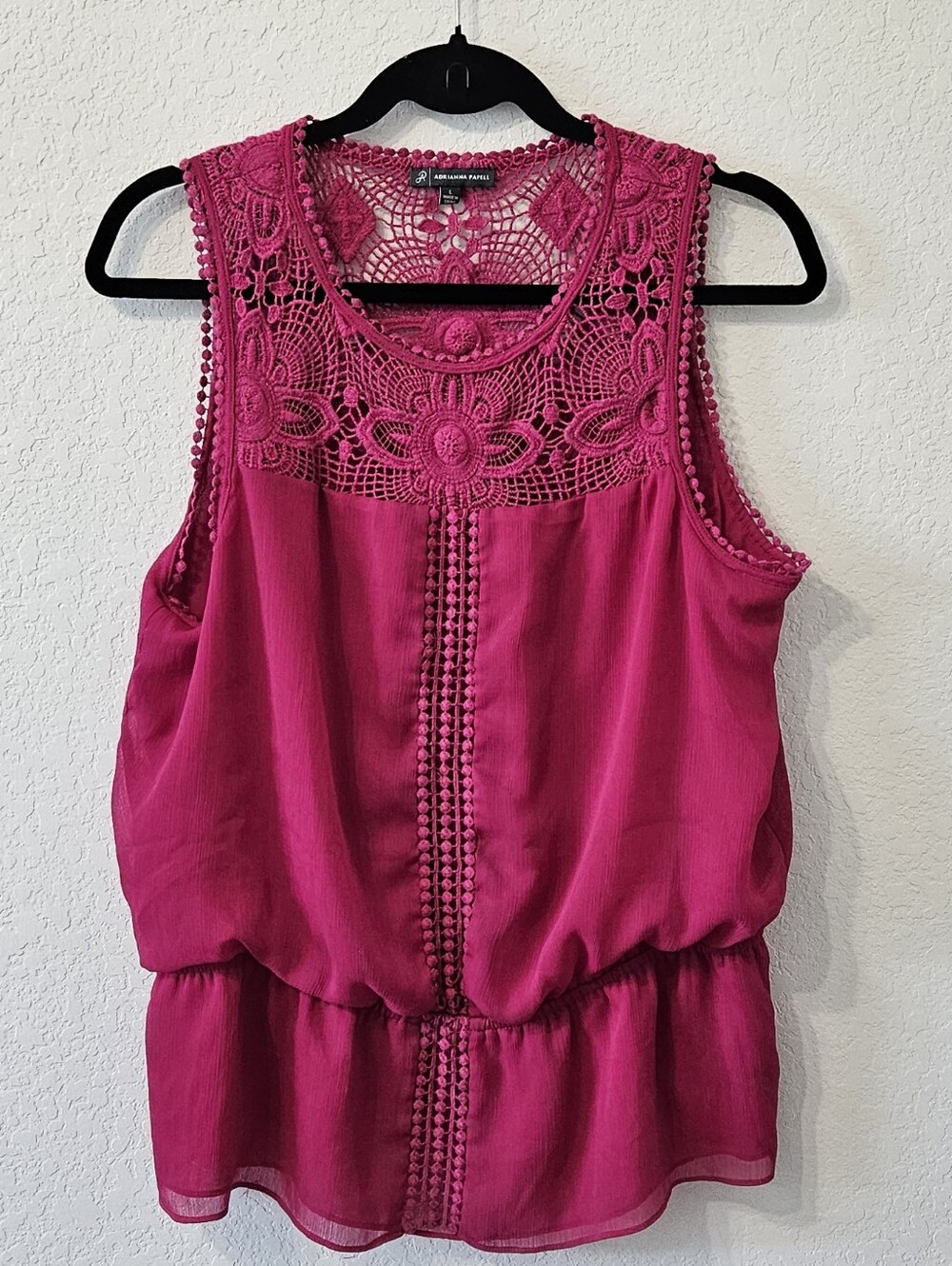Adrianna Papell Fuchsia Crochet Yoke Peplum Tank